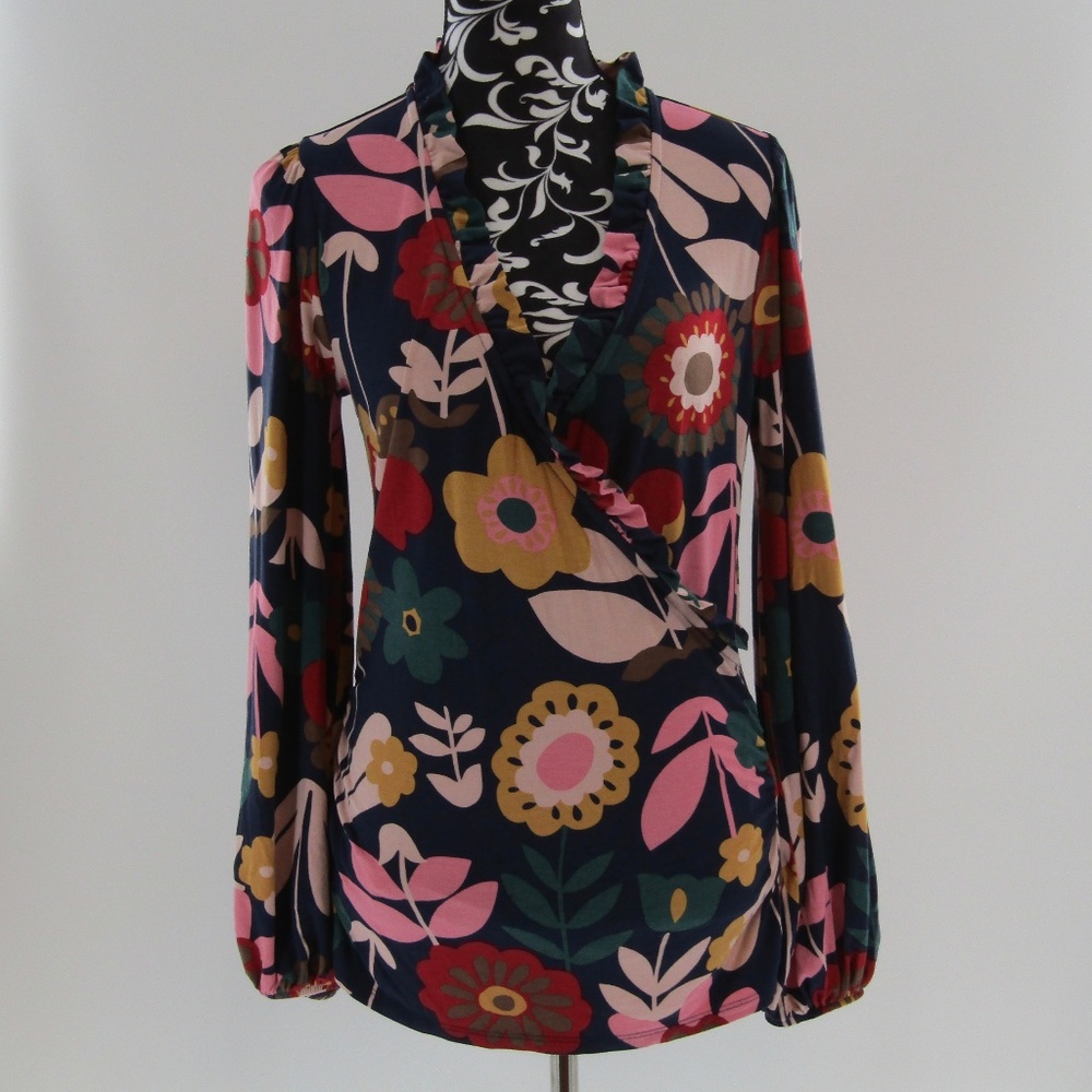 Boden Women Floral Print Faux Wrap Frill Neck TOP Size 10